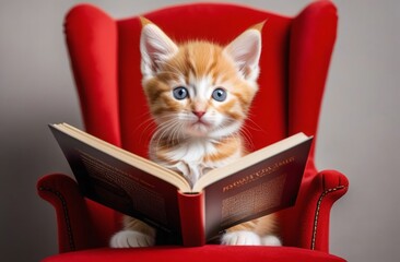 red  cat with glasses sits on a soft chair reading a book