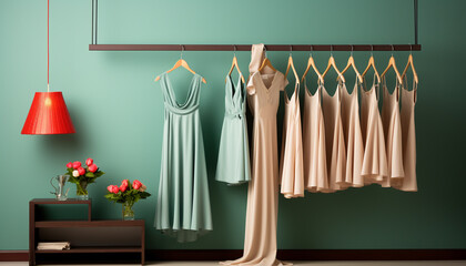 Fashionable clothing collection hanging in a modern, elegant closet generated by AI