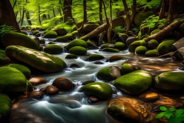 A picturesque stream in a springtime forest, its waters sparkling in the sun, flowing gently over rounded river rocks, framed by vibrant green foliage