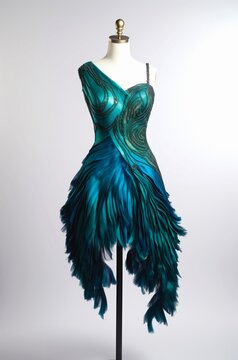Blue cocktail dress with feathers on a mannequin on white background.