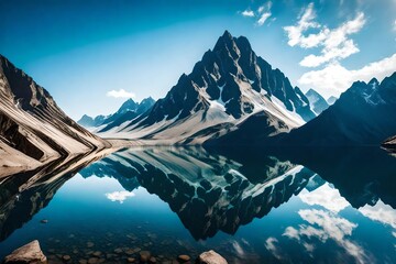 A breathtaking view of a clear mountain lake, its surface mirroring the surrounding peaks, captured in an image that resembles the sharpness and depth of HD photography