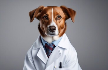 brown dog-doctor, in a white coat, plain background, studio photo