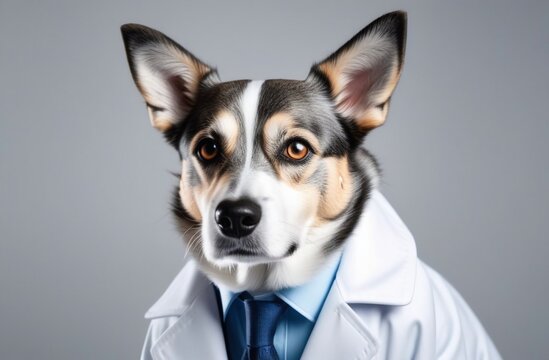 spotted dog-doctor, in a white coat, plain background, studio photo
