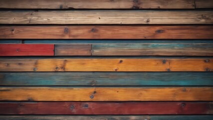 Grungy colorful wood strips. Wooden wall or floor of color full wood planks. Colorful spectrum of wood background. Hand edited generative AI.