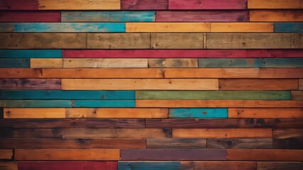 Grungy colorful wood strips. Wooden wall or floor of color full wood planks. Colorful spectrum of wood background. Hand edited generative AI.