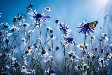 An artistic, wide-format landscape of wild chamomile flowers and purple wild peas with a butterfly gently perched, set in a morning haze.