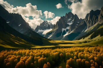 The grandeur of a rocky mountain meadow unfolds, with larch trees dotting the landscape and a towering mountain range in the distant horizon.