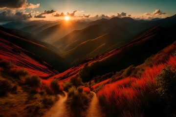 A panoramic view of mountains as the sun sets, the sky ablaze with fiery colors, casting long shadows over the verdant valleys and slopes