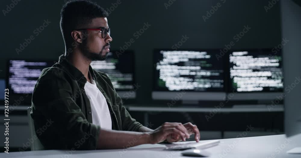 Leinwandbilder Coding, computer and man typing software engineering, cloud computing code or online algorithm. Night developer, cybersecurity expert or programmer working late on script, HTML or programming project