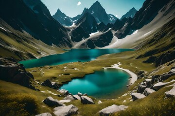 A picturesque hiking route in the mountains, traversing through diverse landscapes and offering breathtaking vistas of peaceful lakes surrounded by majestic peaks