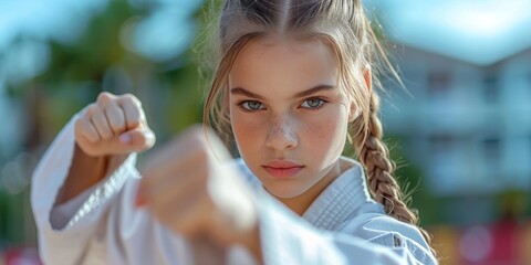 Obraz premium Determination in Her Eyes: A Young Martial Artist in Traditional Gi Stands Ready, Embodiment of Strength and Discipline, Generative AI