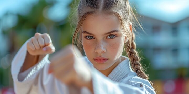 Determination in Her Eyes: A Young Martial Artist in Traditional Gi Stands Ready, Embodiment of Strength and Discipline, Generative AI
