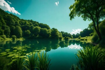 A serene summer lake nestled in a verdant natural landscape, the water reflecting the lush greenery and clear blue sky.