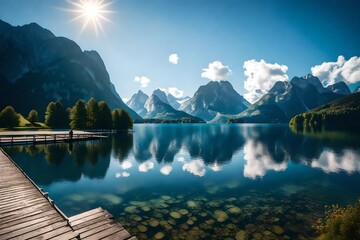 A picturesque scene of Grundlsee Lake, its calm waters mirroring the surrounding majestic mountains, under a clear, expansive sky.