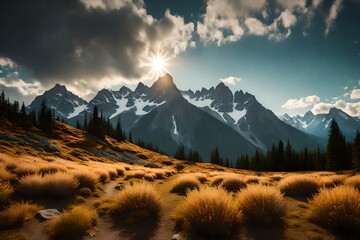 A breathtaking panorama of a rocky mountain meadow, with majestic larch trees and a distant mountain range painted against the sky.