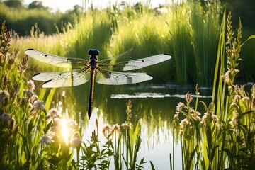 A graceful dragonfly hovering over a small, secluded lake, its iridescent wings shimmering in the sunlight, surrounded by wildflowers and reeds