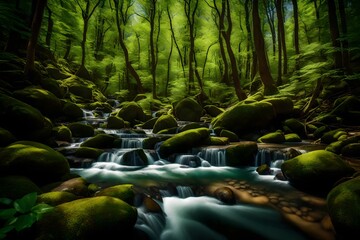 A mountain forest in the spring, with a clear, cool stream flowing through, the water gently tumbling over rocks, surrounded by a canopy of newly-leafed trees