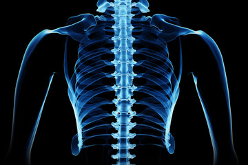 A digital illustration of a human spine and rib cage with a blue glow on a dark background, highlighting the structure of the torso. spinal health in overall well-being.