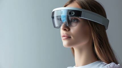 Fototapeta premium Beautiful young woman in virtual reality glasses on gray background. Future technology concept