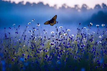 An exquisite close-up of a meadow with wild chamomiles and purple wild peas, highlighted by a butterfly in the morning mist.