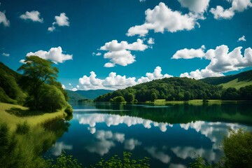 A picturesque summer lake, its calm waters mirroring the surrounding green hills and the azure sky above.