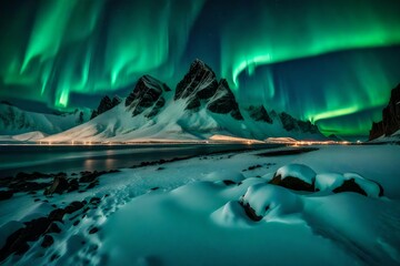 The magical aurora borealis in brilliant green hues, casting an otherworldly glow over a snow-clad mountain ridge, with Stockness Beach and the iconic Vestrahorn Mountain adding to the mystique