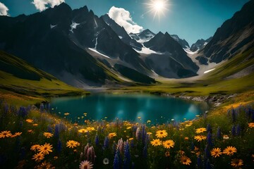 A secluded valley hidden amongst high mountains, its floor covered in a carpet of wildflowers, a small, crystal-clear lake at its center