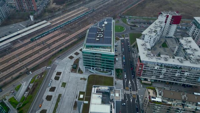 Top view of train station modern office buildings in Milan