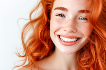 Redhead woman smiling whit perfect skin and copy space, skincare concept.