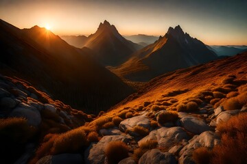 A serene depiction of a high mountain at dawn, with the first rays of sunlight casting a warm glow over the pristine natural surroundings.