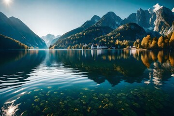 A stunning panorama showcasing Grundlsee Lake, flanked by towering mountains, the landscape bathed in the warm glow of the sun.