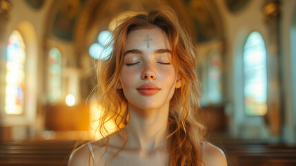 Girl with cross made from ash on forehead. Ash wednesday concept