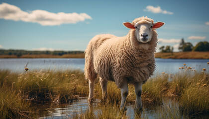 Obraz premium Cute lamb grazing in green meadow, looking at sunset generated by AI