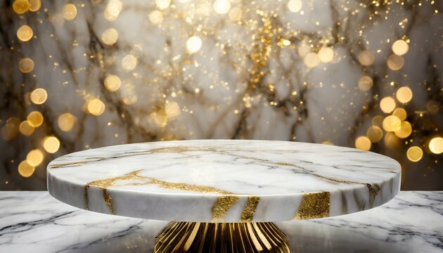 mesa de m&aacute;rmore branco plataforma para produto sobre fundo de m&aacute;rmore e ouro, glitter