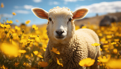 Cute lamb grazing in green meadow under autumn sunset generated by AI