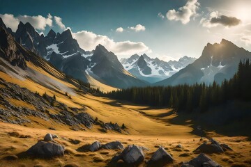 A breathtaking panorama of a rocky mountain meadow, with majestic larch trees and a distant mountain range painted against the sky. - obrazy, fototapety, plakaty