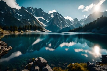 A spellbinding view of a mountain lake in the High Tatra, the dramatic and rugged landscape offering a stark contrast to the serene lake at its heart - obrazy, fototapety, plakaty
