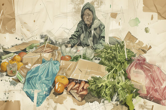 Drawing, graffiti of an eco-activist old woman who is tired of fighting against consumer society, surrounded by vegetables and garbage