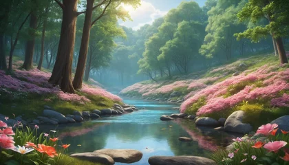 Poster Enchanted Forest Setting with Flowing Stream and Floral Surroundings © SR07XC3