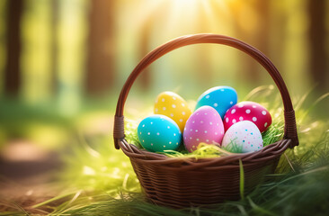 Easter basket with eggs in sunny blurred forest.