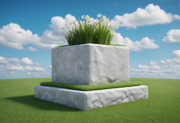 Natural Stone Podium for Display and Advertising on Green Grass under Sunny Sky