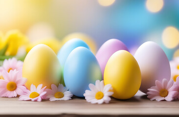Easter eggs with spring flowers on table. Blurred background.