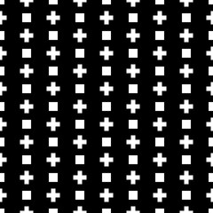 Seamless pattern. Crosses, squares wallpaper. Simple shapes backdrop. Pluses, checks background. Signs ornament. Figures motif. Digital paper, textile print, abstract illustration. Vector artwork