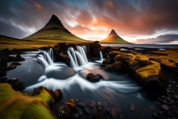 The tranquil beauty of Kirkjufell volcano at evening, the setting sun illuminating the Snaefellsnes peninsula coastline, creating a picture-perfect and awe-inspiring scene