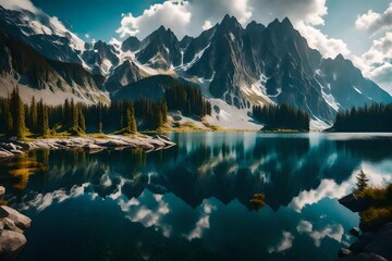 The grandeur of a mountain lake in High Tatra, its waters reflecting the dramatic peaks and skies, creating a scene of raw, natural drama and beauty - obrazy, fototapety, plakaty