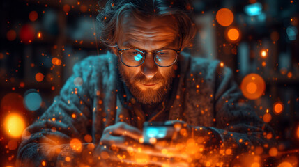 A man using  a smartphone surrounded by shining application icons.