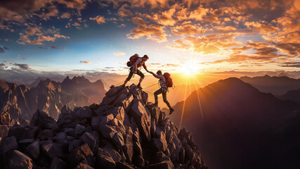 Two people climbing a mountain with backpacks on. One person helps another person. The sun is rising in the background.