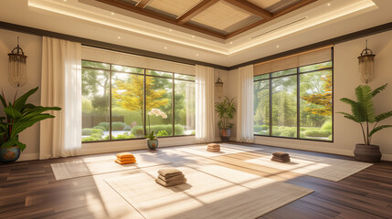 Yoga and meditation room. Large windows overlooking the garden. Mats, towels and cushions are spread out