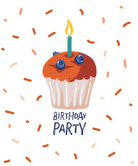 Birthday greeting card. Festive cupcake with candle, confetti. Berry cupcake cartoon flat vector illustration. Muffin dessert. Festive background with cupcake with blueberry and candle.