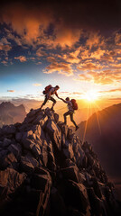 Two people climbing a mountain with backpacks on. One person helps another person. The sun is rising in the background.